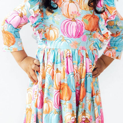 Preppy Pumpkins 3/4 Sleeve Ruffle Twirl Dress