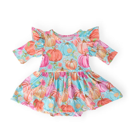 Preppy Pumpkins 3/4 Sleeve Twirl Flutter Bodysuit