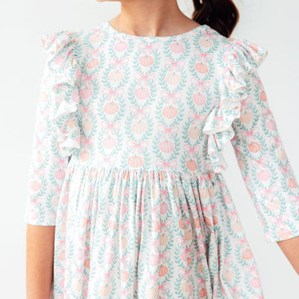 Pumpkin Kisses, Harvest Wishes 3/4 Sleeve Ruffle Twirl Dress