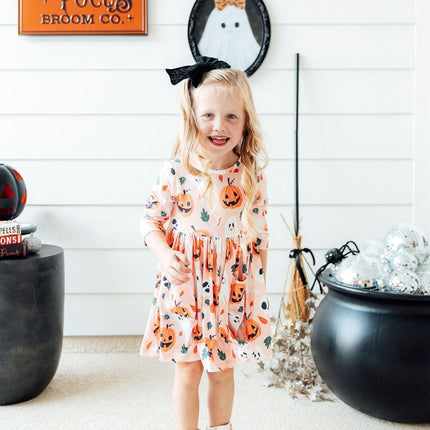 Pumpkin Peekaboo 3/4 Sleeve Pocket Twirl Dress