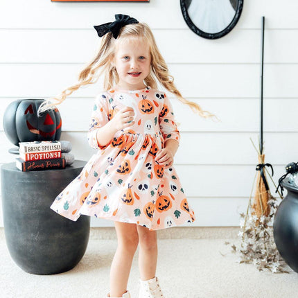 Pumpkin Peekaboo 3/4 Sleeve Pocket Twirl Dress