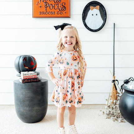 Pumpkin Peekaboo 3/4 Sleeve Pocket Twirl Dress
