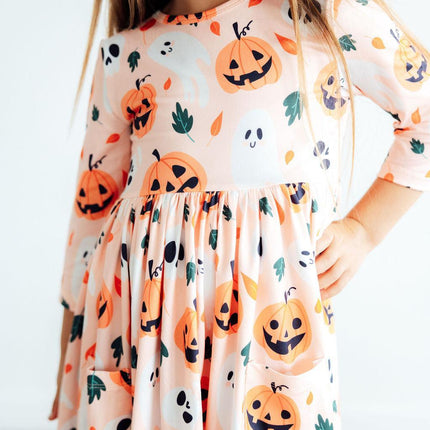Pumpkin Peekaboo 3/4 Sleeve Pocket Twirl Dress