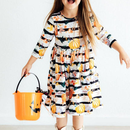Pumpkins & Peonies 3/4 Sleeve Pocket Twirl Dress
