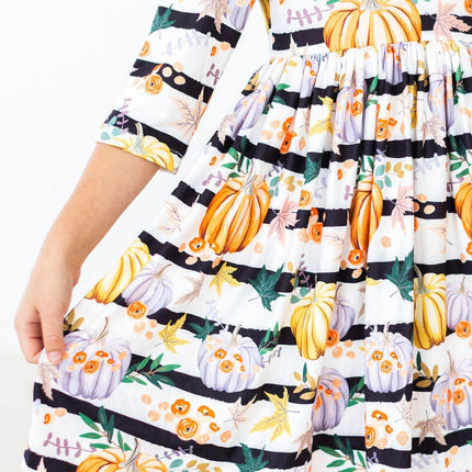Pumpkins & Peonies 3/4 Sleeve Pocket Twirl Dress