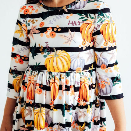 Pumpkins & Peonies 3/4 Sleeve Pocket Twirl Dress