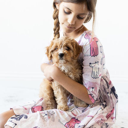 Puppy Party 3/4 Sleeve Pocket Twirl Dress
