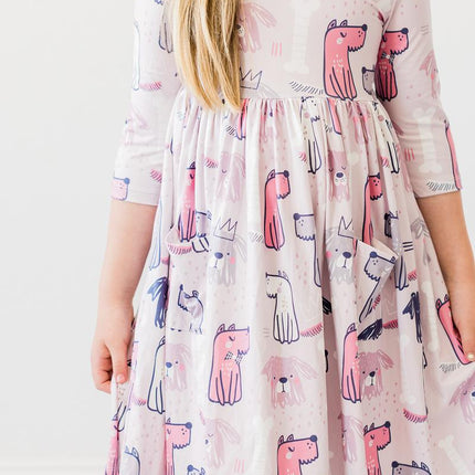 Puppy Party 3/4 Sleeve Pocket Twirl Dress
