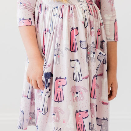 Puppy Party 3/4 Sleeve Pocket Twirl Dress