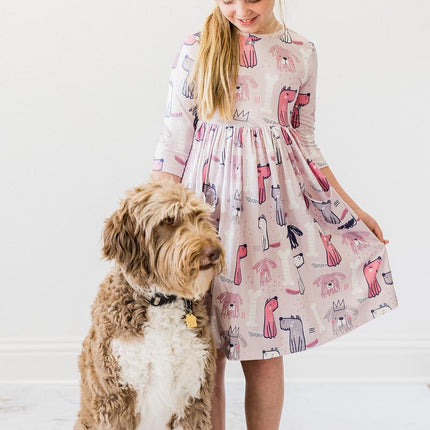 Puppy Party 3/4 Sleeve Pocket Twirl Dress