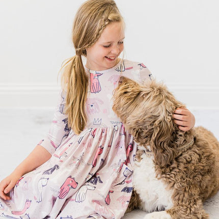 Puppy Party 3/4 Sleeve Pocket Twirl Dress