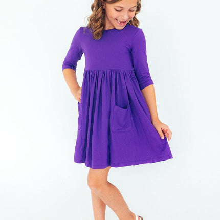 Purple 3/4 Sleeve Pocket Twirl Dress