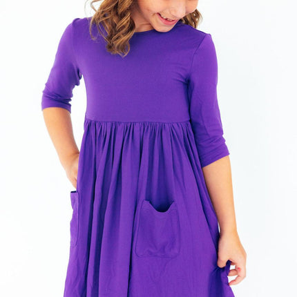 Purple 3/4 Sleeve Pocket Twirl Dress
