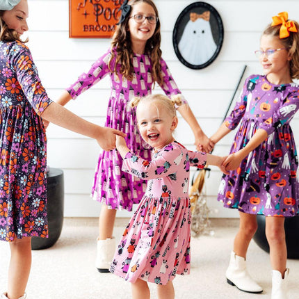 Purr-fectly Spooky 3/4 Sleeve Pocket Twirl Dress