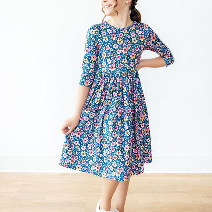 Rainforest Blooms 3/4 Sleeve Pocket Twirl Dress