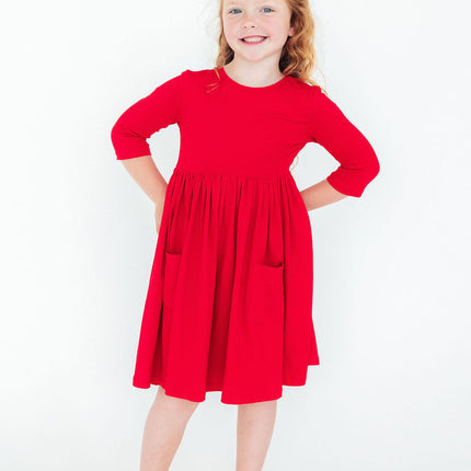 Red 3/4 Sleeve Pocket Twirl Dress