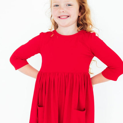 Red 3/4 Sleeve Pocket Twirl Dress