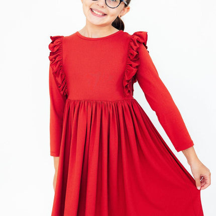 Red L/S Ruffle Twirl Dress