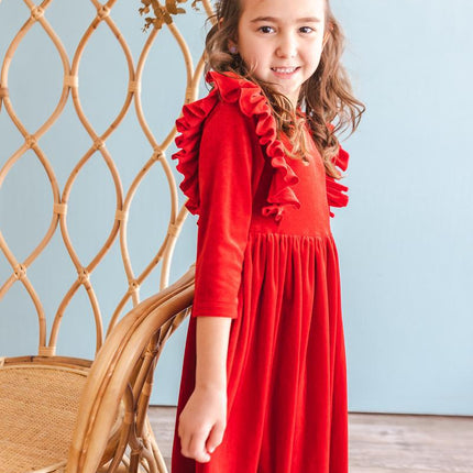 Red Velvet Ruffle Twirl Dress