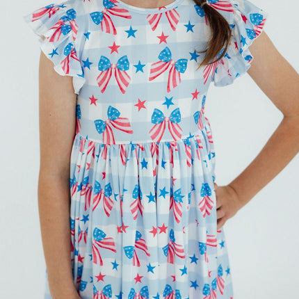 Red, White & Bows Flutter Sleeve Twirl Dress