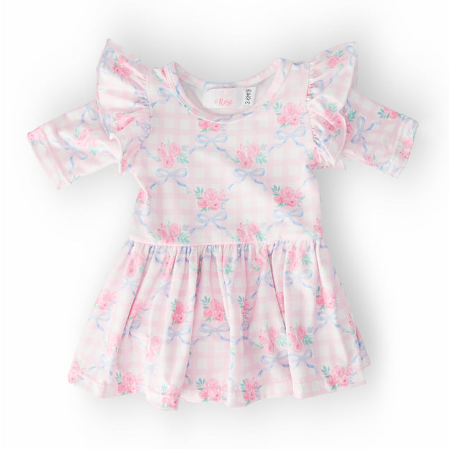 Ribbons & Roses 3/4 Sleeve Flutter Twirl Bodysuit - Dashing Nova