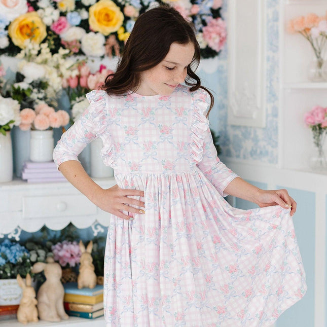 Ribbons & Roses 3/4 Sleeve Ruffle Twirl Dress - Dashing Nova