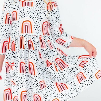 Peach Rainbow 3/4 Sleeve Pocket Twirl Dress