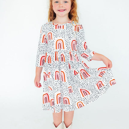 Peach Rainbow 3/4 Sleeve Pocket Twirl Dress