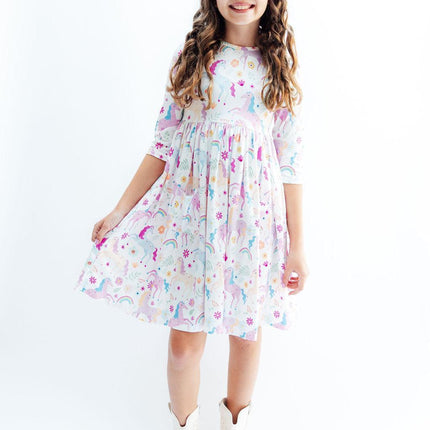Rainbow Vibes 3/4 Sleeve Pocket Twirl Dress