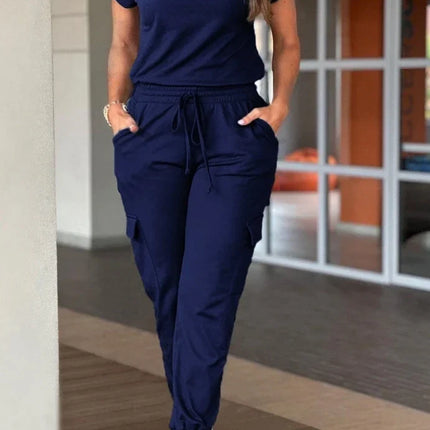 Set of workwear, short sleeved top, ankle tied pants set