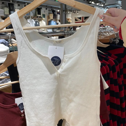 Buttons Waffle Cotton Tank Top Woman Round Neck Sexy Sleeveless Retro Crop Tops  Summer Solid Simple Vintage Y2k Vest Chic