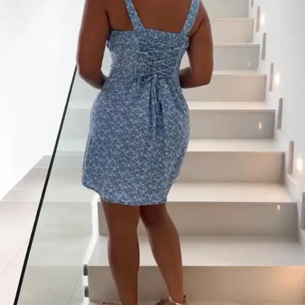 Midi Dress Woman Summer Casual Women's U-Neck Camisole Fresh Floral Print Flower Print Lace Up Vacation Dress Woman
