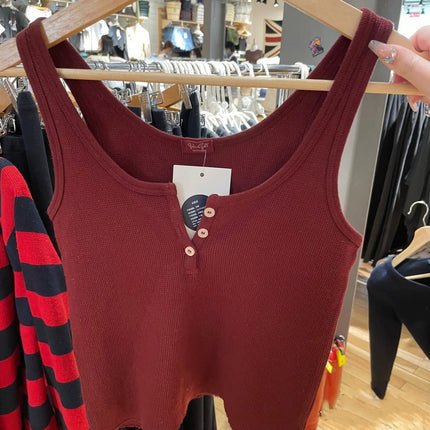 Buttons Waffle Cotton Tank Top Woman Round Neck Sexy Sleeveless Retro Crop Tops  Summer Solid Simple Vintage Y2k Vest Chic