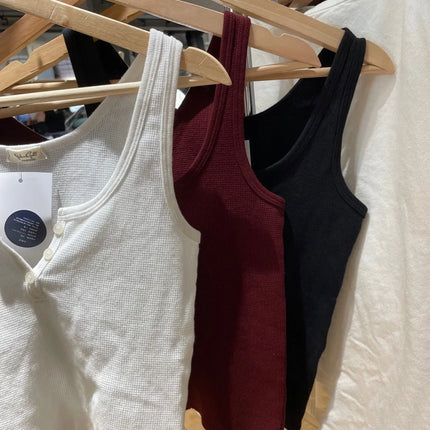 Buttons Waffle Cotton Tank Top Woman Round Neck Sexy Sleeveless Retro Crop Tops  Summer Solid Simple Vintage Y2k Vest Chic