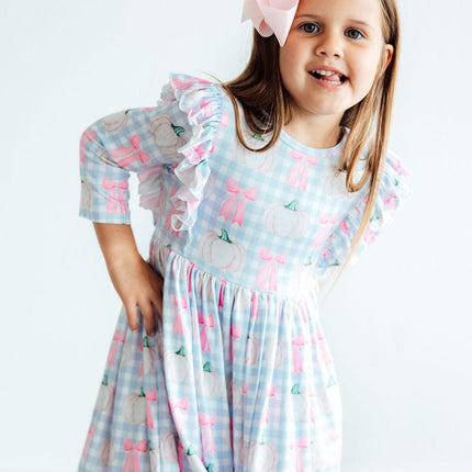 SALE Pumpkin Picnic 3/4 Sleeve Ruffle Twirl Dress