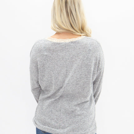 V-Neck Top with Lace Trim, Grey