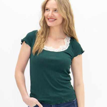 Square Neck Tee with Lace Trim, Forest Green