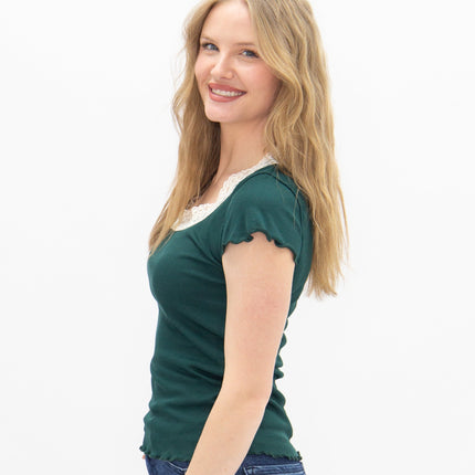 Square Neck Tee with Lace Trim, Forest Green