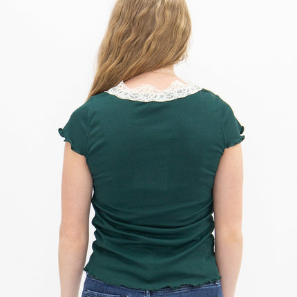 Square Neck Tee with Lace Trim, Forest Green