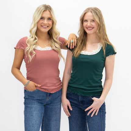Square Neck Tee with Lace Trim, Forest Green