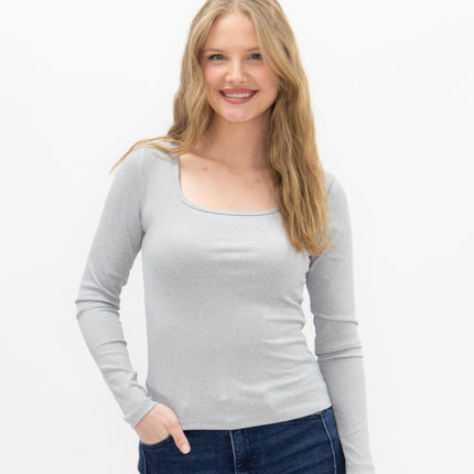 Square Neck Long Sleeve Top, Grey