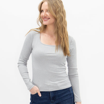 Square Neck Long Sleeve Top, Grey