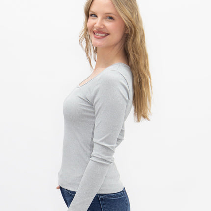 Square Neck Long Sleeve Top, Grey