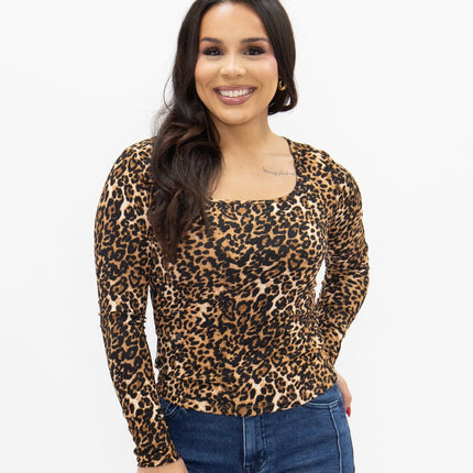Square Neck Long Sleeve Top, Leopard