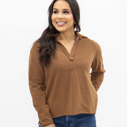 V-Neck Collared Pullover, Brown