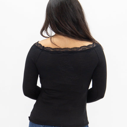 Longsleeve Off-the-Shoulder Top with Lace Trim, Black