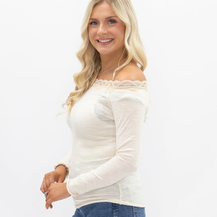 Longsleeve Off-the-Shoulder Top with Lace Trim, Ivory