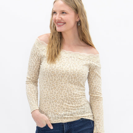 Longsleeve Off-the-Shoulder Top with Lace Trim, Leopard