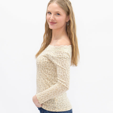 Longsleeve Off-the-Shoulder Top with Lace Trim, Leopard