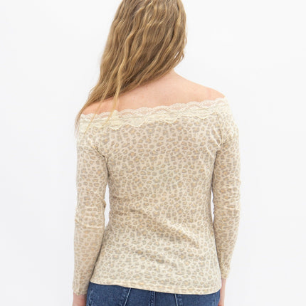 Longsleeve Off-the-Shoulder Top with Lace Trim, Leopard